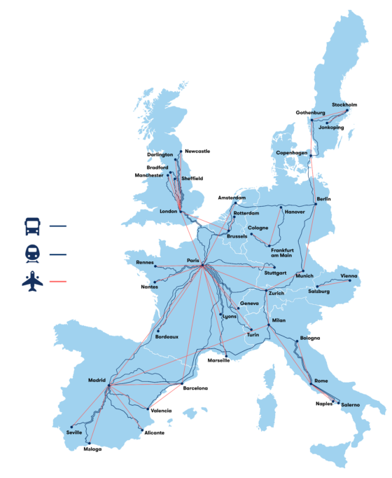 Map for faster routes by train than flights