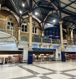 London, UK - 24.04.2023. Liverpool train station interior view in London. People at Liverpool Street station - opened in 1874 it is third busiest and one of the main railway stations in UK,witn conne